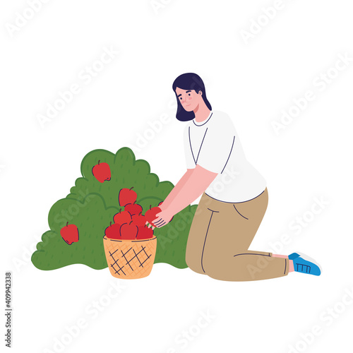 farmer female cultivating tomatoes avatar character vector illustration design