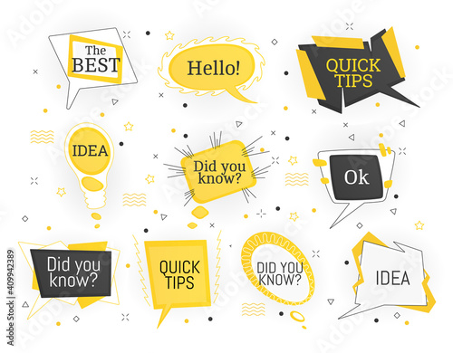 Interesting facts bubble symbols. Banner or sicker with phrases or words. Social media faq banner with speech bubbles. Vector illustration on white background