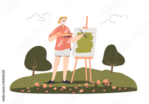 Senior man painting picture outdoors in open air. Adult plein air artist creating artwork