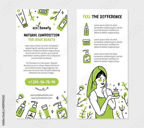 Eco-friendly natural organic cosmetics leaflet or flyer for printing in Doodle style. A woman after taking a bath is smeared with cream. Double-sided vector template.