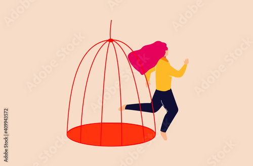 Woman character escaping from the cage. Female steps out of prison. Girl getting out of a tight space. Concept of freedom, mental health issues, rehabilitation, taking new opportunities and chalenges.