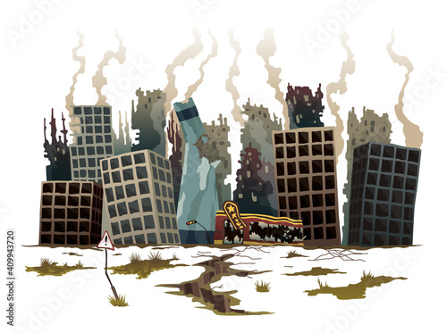 Destroyed city. Street of the city, destroyed by natural disaster. Ruins with destroyed abandoned buildings. Destruction in war zone, natural disaster or cataclysm consequences