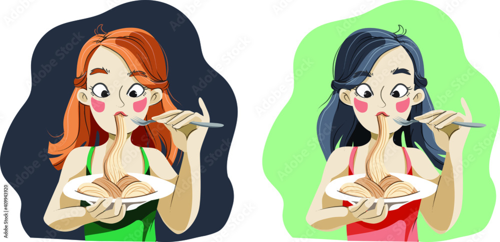 Cute girl eating pasta. Fito girls and health food on trend colors