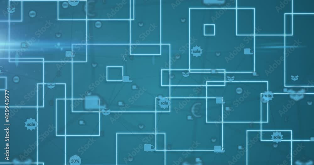 Animation of network of connections with online shopping icons and square outlines Animation of network of connections with online shopping icons and square outlines