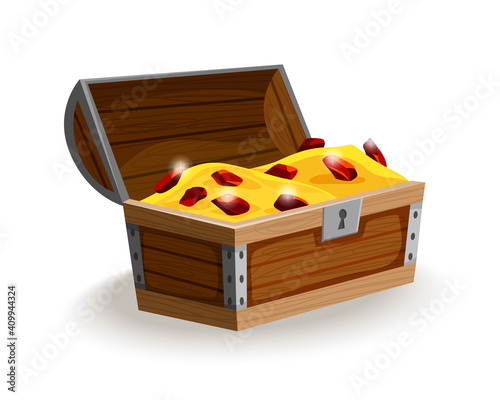 Treasure chest isometric cartoon. Wooden open box full of gold coins and jewels. Precious treasures, crystals, gems and golden coins in pirate chest. Illusration for game user interface