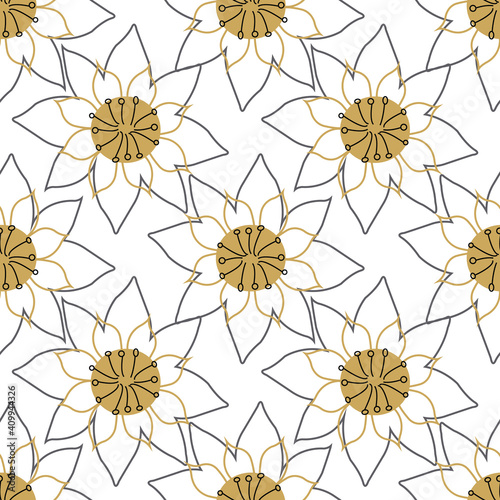Floral lines Lotus flower yellow and gray, vector repeat pattern surface design lily