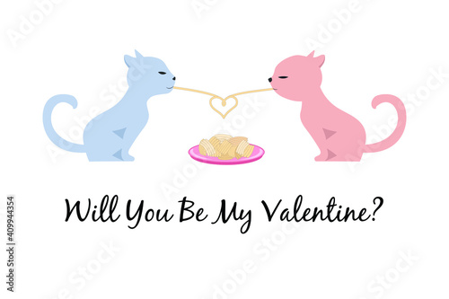 Two stylized cats eating spaghetti. Cats in love illustration. Valentine's day greeting card. 