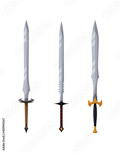 Medieval weapon collection. Ancient weaponry, war and heraldry concept. Illustration of melee weapon icons. World melee weaponry. Symbol isolated on white background