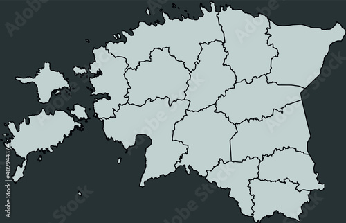 Contour vector map of Estonia with the designation of the administrative borders of the regions on a dark background.