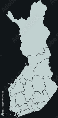 Contour vector map of Finland with the designation of the administrative borders of the regions on a dark background.