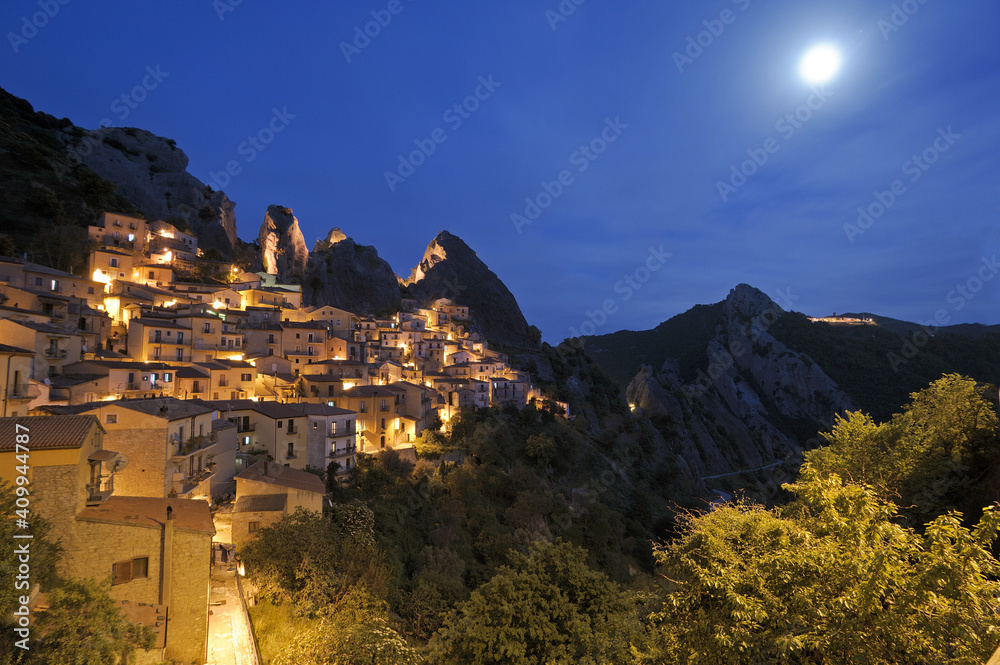 Castelmezzano, district of Potenza, Basilicata, Italy, Europe, night view of the picturesque village