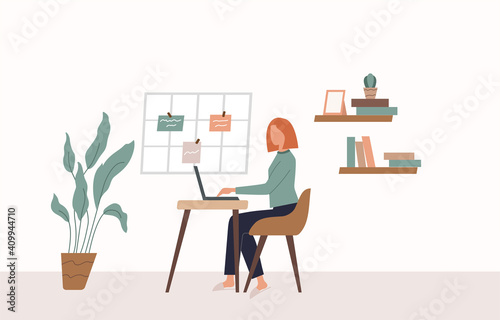 Woman with laptop sitting at home interior, freelancer. Flat design illustration. Vector