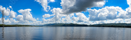 panoramic lake san roque villa Carlos paz with a wonderful blue sky and crystal clear water.