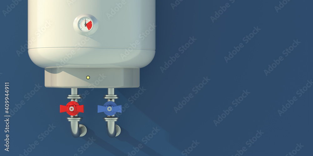 Electric boiler, water heater on blue color wall. 3d illustration