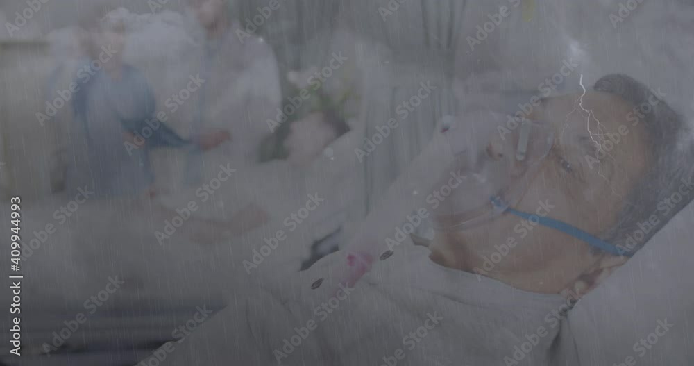 Animation of sick men with oxygen mask in hospital and lightning striking