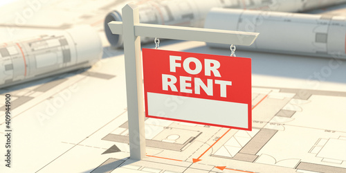 Tableau sur toile For rent sign on building drawings background