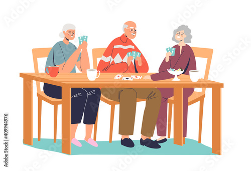 Group of happy senior people playing cards. Older friends gathering with board games