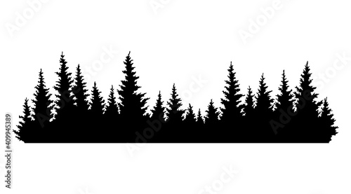 Fir trees silhouettes. Coniferous spruce horizontal background pattern  black evergreen woods vector illustration. Beautiful hand drawn panorama of a coniferous forest