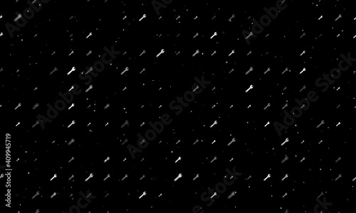 Seamless background pattern of evenly spaced white adjustable wrench symbols of different sizes and opacity. Vector illustration on black background with stars