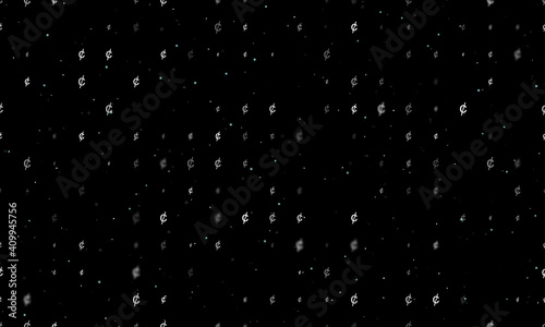 Seamless background pattern of evenly spaced white cent symbols of different sizes and opacity. Vector illustration on black background with stars