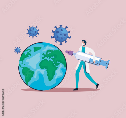 covid19 vaccine syringe with doctor and earth planet vector illustration design