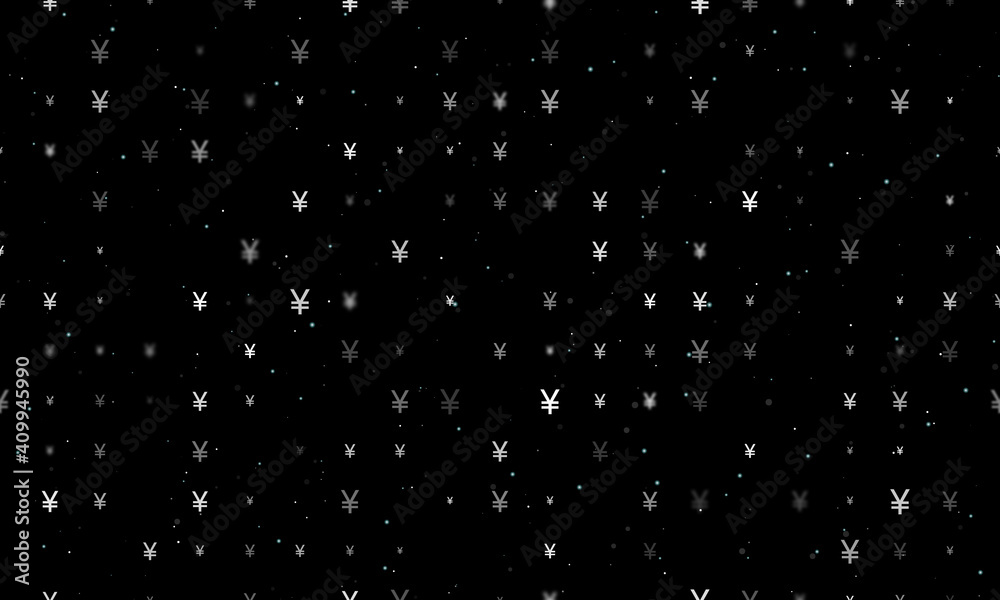 Seamless background pattern of evenly spaced white yuan symbols of different sizes and opacity. Vector illustration on black background with stars