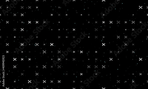 Seamless background pattern of evenly spaced white scissors symbols of different sizes and opacity. Vector illustration on black background with stars