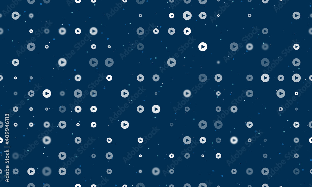 Seamless background pattern of evenly spaced white play symbols of different sizes and opacity. Vector illustration on dark blue background with stars