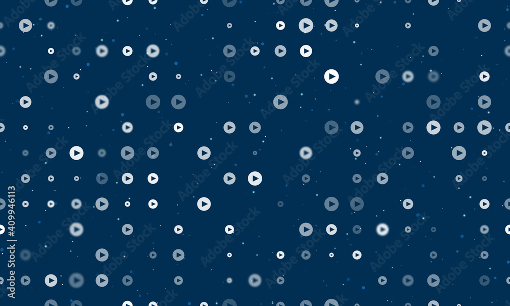 Seamless background pattern of evenly spaced white play symbols of different sizes and opacity. Vector illustration on dark blue background with stars Seamless background pattern of evenly spaced white play symbols of different sizes and opacity. Vector illustration on dark blue background with stars