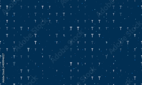 Seamless background pattern of evenly spaced white tenge symbols of different sizes and opacity. Vector illustration on dark blue background with stars