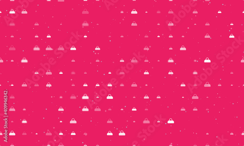 Seamless background pattern of evenly spaced white sports bag symbols of different sizes and opacity. Vector illustration on pink background with stars