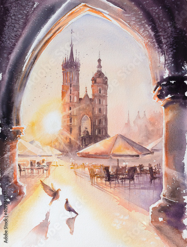 Church of St. Mary in the main Market Square at sunrise. Picture created with watercolors.