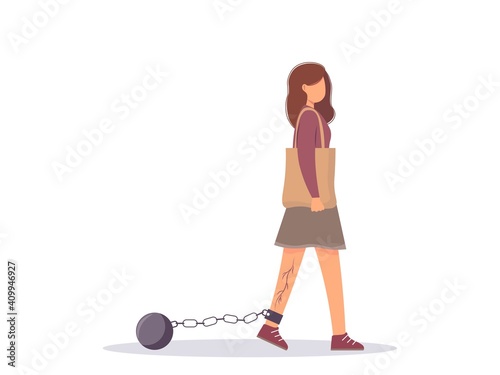 Varicose veins disease. Thrombosis or thrombophlebitis. A young woman has a pain in her leg while walking. Chronic venous insufficiency. Chain on the leg as a metaphor. Isolated vector illustration.