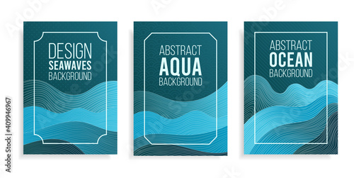 Abstract art posters background blue aqua sea waves,ocean water and coast beach.Template texture wave lines pattern for banner or card.Frames for text with logo.Vector cover social media,textile print