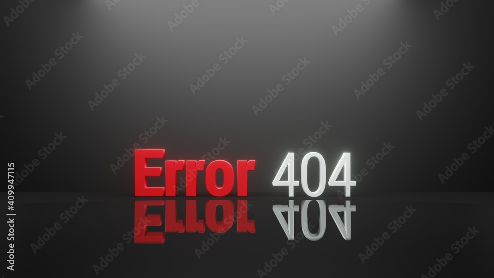 Error 404 Word in Reflection Floor. 3D Illustration in Dark Background with Copy Space Error 404 Word in Reflection Floor. 3D Illustration in Dark Background with Copy Space