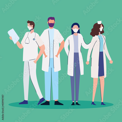doctors staff wearing medical masks standing characters vector illustration design