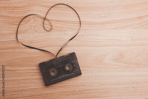 audio cassette with magnetic tape in the shape of a love heart, a concept in valentine day.