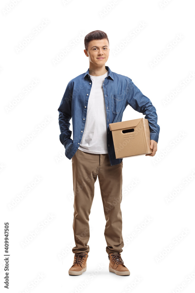 Full length portrait of a young man standing with a cardboard box Full length portrait of a young man standing with a cardboard box