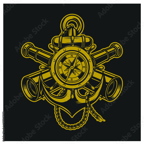 anchor, compass, binoculars, illustration design, tshirt design, logo design