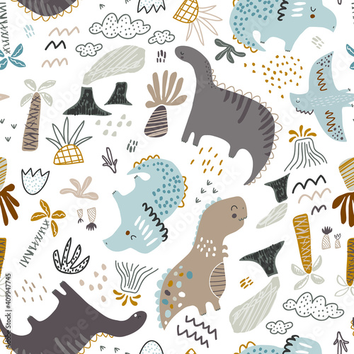 Childish seamless dino pattern. Creative hand drawn funny dinosaurs background. Vector background for fabric, textile, apparel, wallpaper.