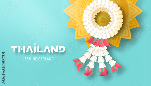 Thai jasmine garland and golden pedestal tray top view vector illustration for Mother's day or Songkran festival or religion buddhism observation day to show appreciate and gratitude.