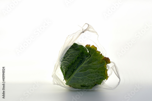 Still life with savoy cabbage in plastic bag backlit on white background