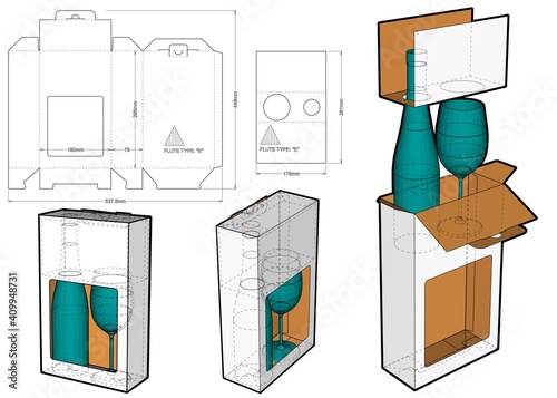 Packaging for bottle and glass and Die-cut Pattern. The .eps file is full scale and fully functional. Prepared for real cardboard production.