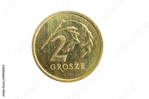 Polish 2 grosz coin on a white background