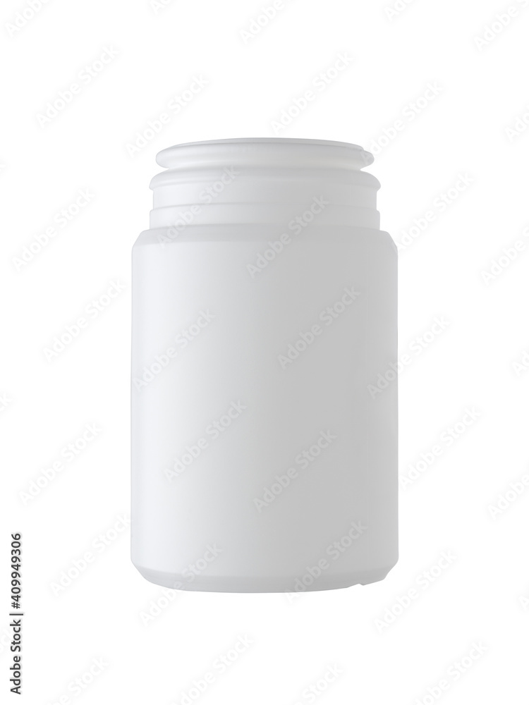 Empty, open bottle made of white plastic. Isolated on a white background, close-up Empty, open bottle made of white plastic. Isolated on a white background, close-up
