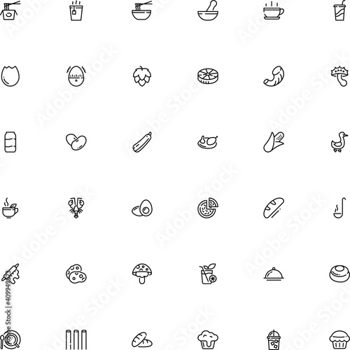 icon vector icon set such as: bean, aluminium, cola, aroma, vitamin, berry, toast, butternut, chanterelle, cappuccino, linguine, round, sliced, concept, baguette, penne, orecchiette, tonic