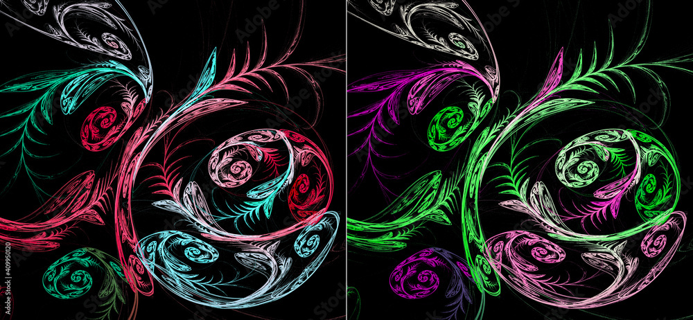Fototapeta premium Abstract colorful plant creates a pattern on a black background. Twigs with leaves are placed diagonally and wrapped in a spiral. Set of abstract fractal backgrounds. 3d rendering. 3d illustration.