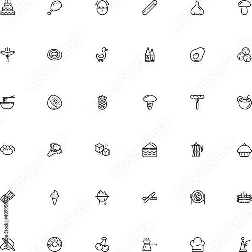 icon vector icon set such as: cupcake, fat, vacation, yellow, label, pizza, professional, unhealthy, bun, stroke, horn, straw, broccoli, maker, berries, italian, hour, italy, jar, cherry, editable