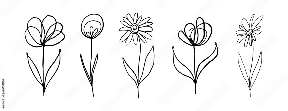 Botanical set of black hand drawn leaves and flowers isolated on white ...
