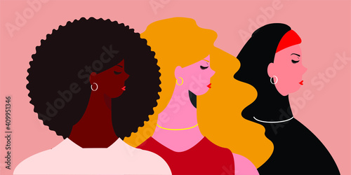 Women's day 8 march celebration. international female portraits of different cultures and nationalities. Women's empowerment movement and unity concept. Flat design characters. Vector illustration.